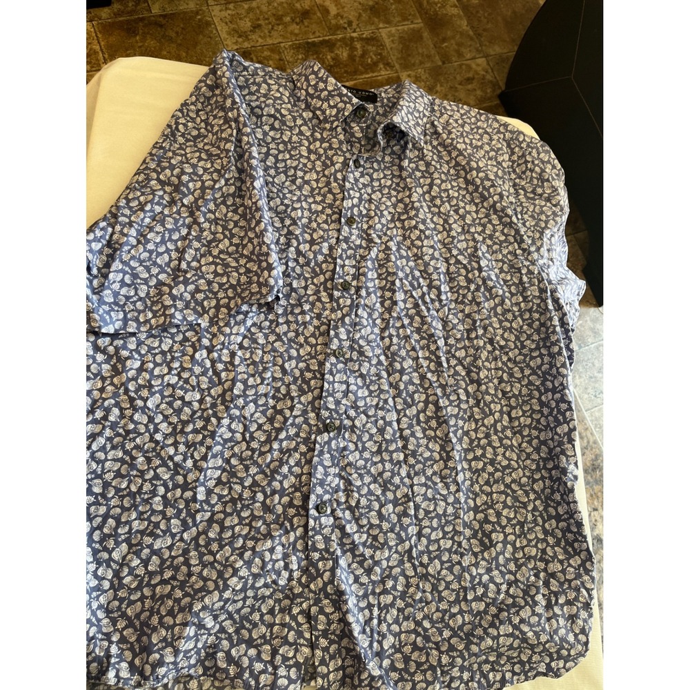 Pronto Uomo Mens XXXL Blue White Seashell Turtle Print Cotton Short Sleeve Shirt